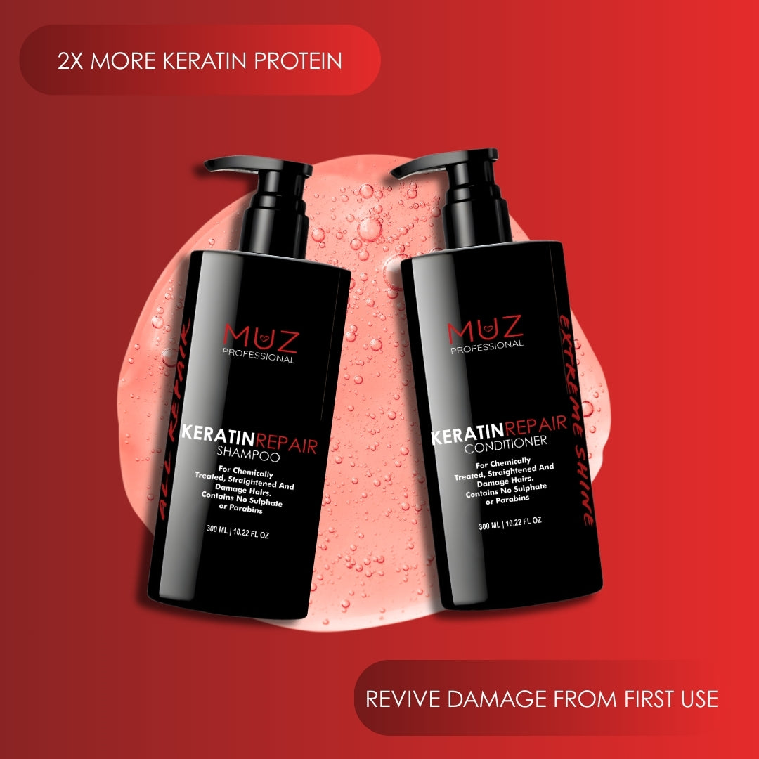 MUZ PROFESSIONAL KERATIN REPAIR- SHAMPOO, CONDITIONER AND SERUM COMBO PACK, FOR DAMAGE REPAIR AND STRENGTH BOOSTING