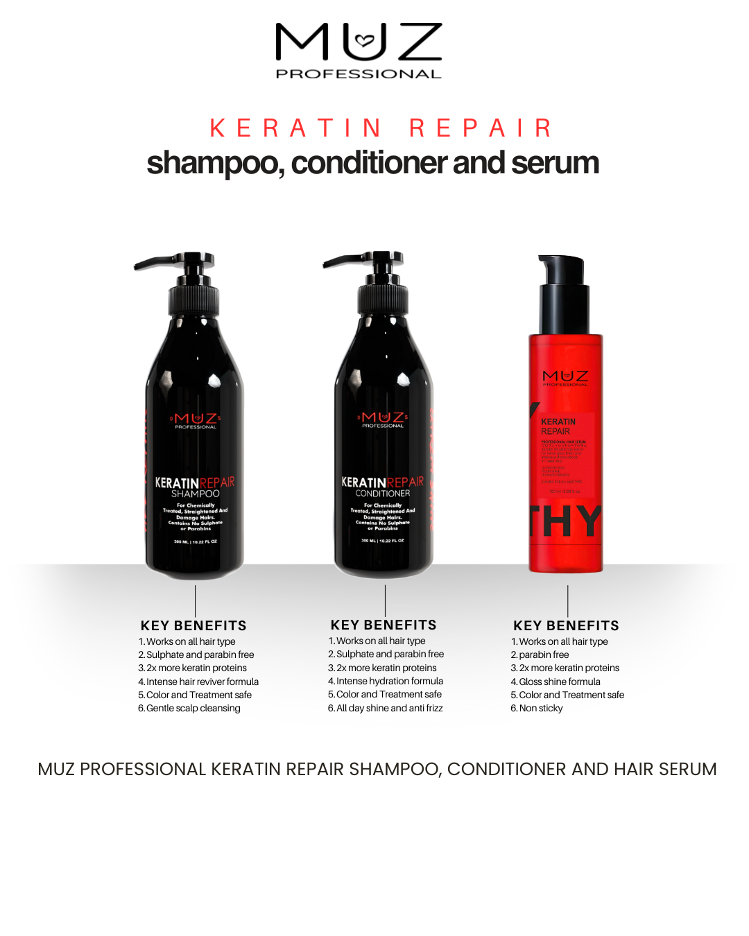 Say Goodbye to Frizz & damaged hair; and say Hello to Shine with MUZ Professional Keratin Shampoo, Conditioner an Hair Serum