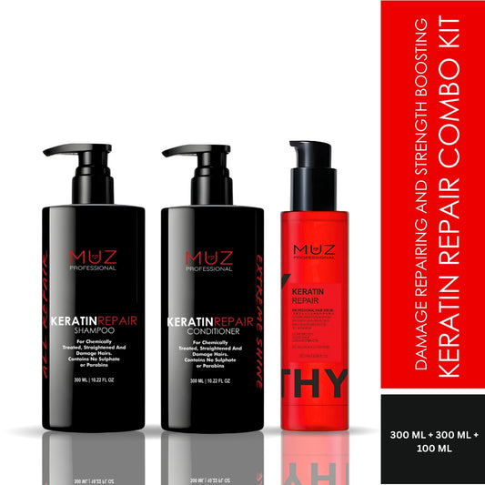 MUZ PROFESSIONAL KERATIN REPAIR- SHAMPOO, CONDITIONER AND SERUM COMBO PACK, FOR DAMAGE REPAIR AND STRENGTH BOOSTING