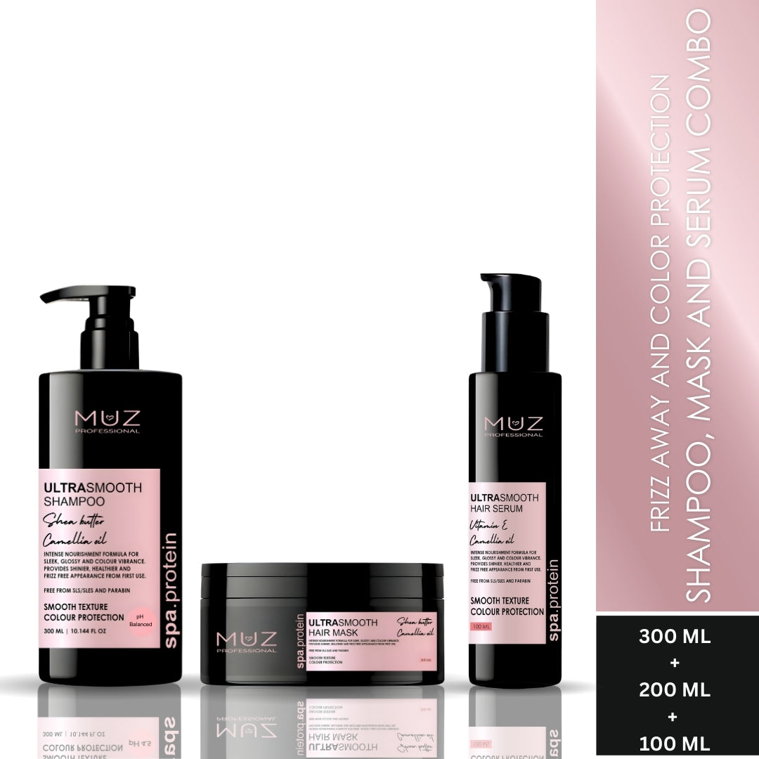 MUZ PROFESSIONAL SPA PROTEIN ULTRASMOOTH SHAMPOO, HAIR MASK AND HAIR SERUM COMBO 300 ML + 200 ML + 100 ML