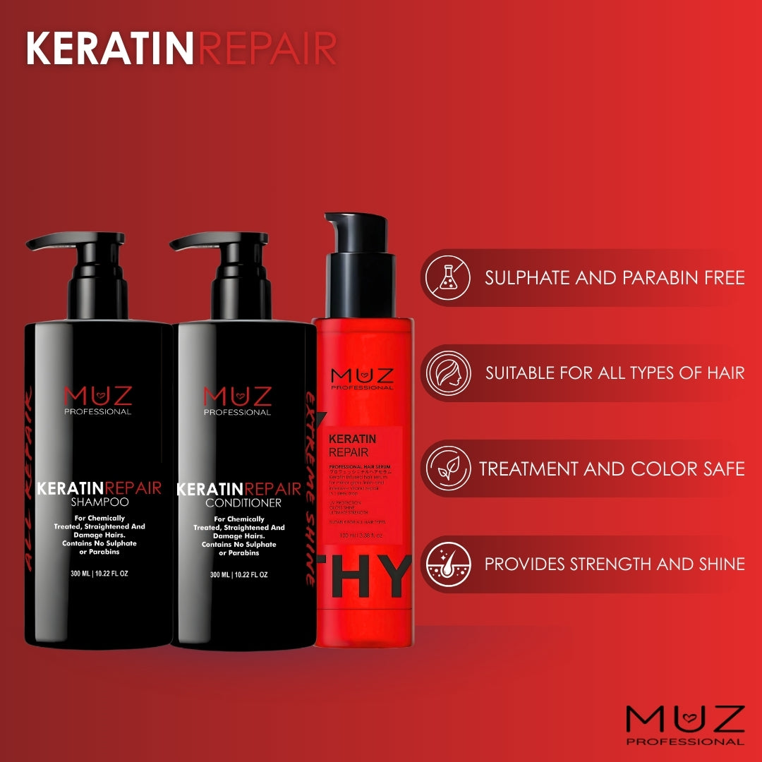 MUZ PROFESSIONAL KERATIN REPAIR- SHAMPOO, CONDITIONER AND SERUM COMBO PACK, FOR DAMAGE REPAIR AND STRENGTH BOOSTING