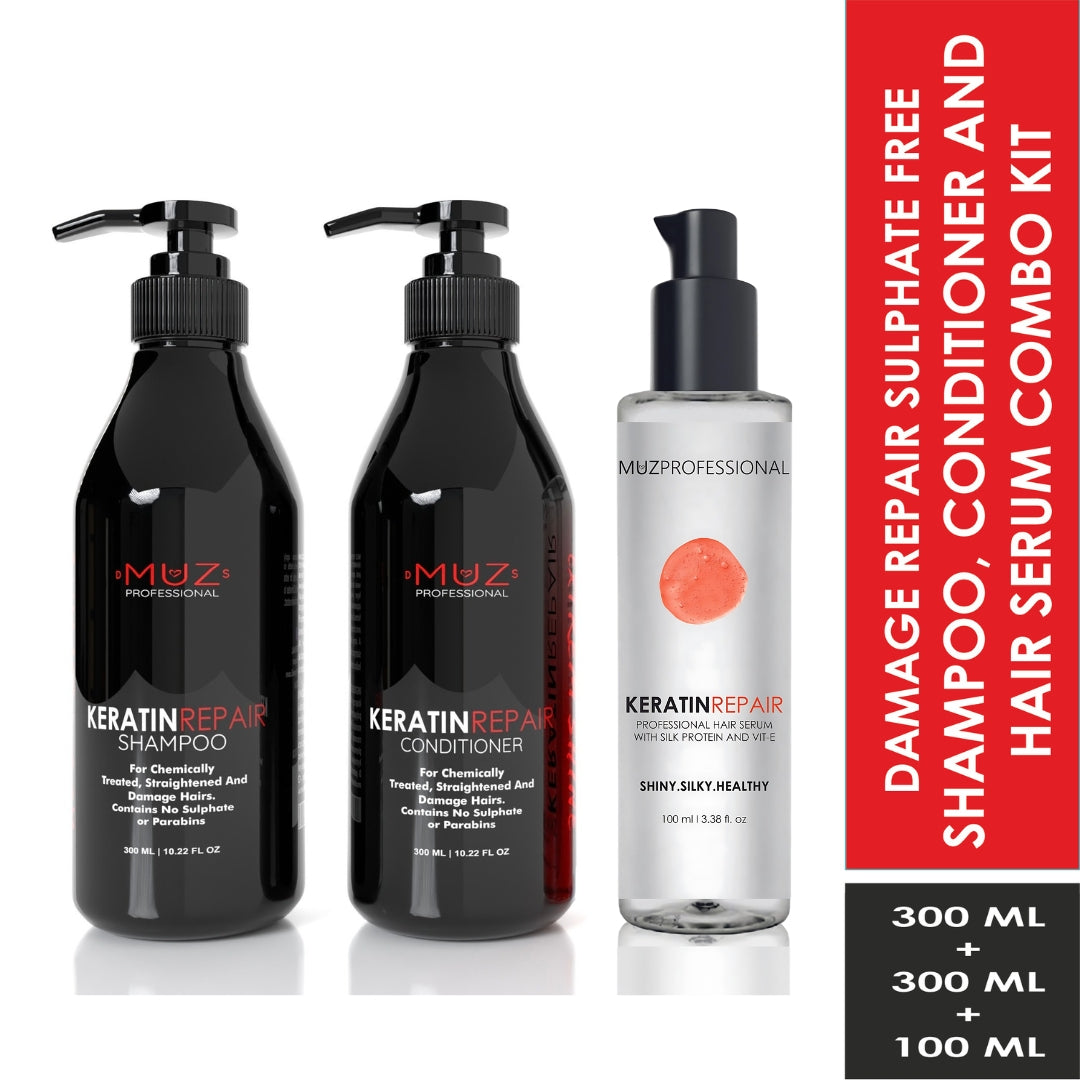 MUZ PROFESSIONAL KERATIN REPAIR SHAMPOO, CONDITIONER AND HAIR SERUM COMBO KIT 300 ML + 300 ML + 100 ML