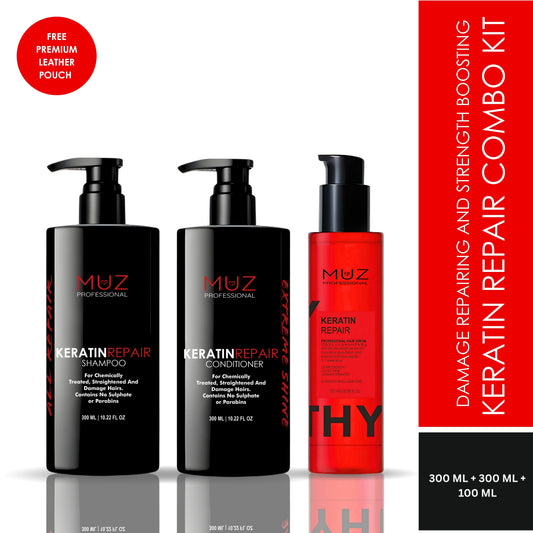 MUZ PROFESSIONAL Keratin Repair Shampoo, Conditioner and Hair Serum Combo | Complete Keratin Hair Care Routine for Damaged and Frizzy Hair